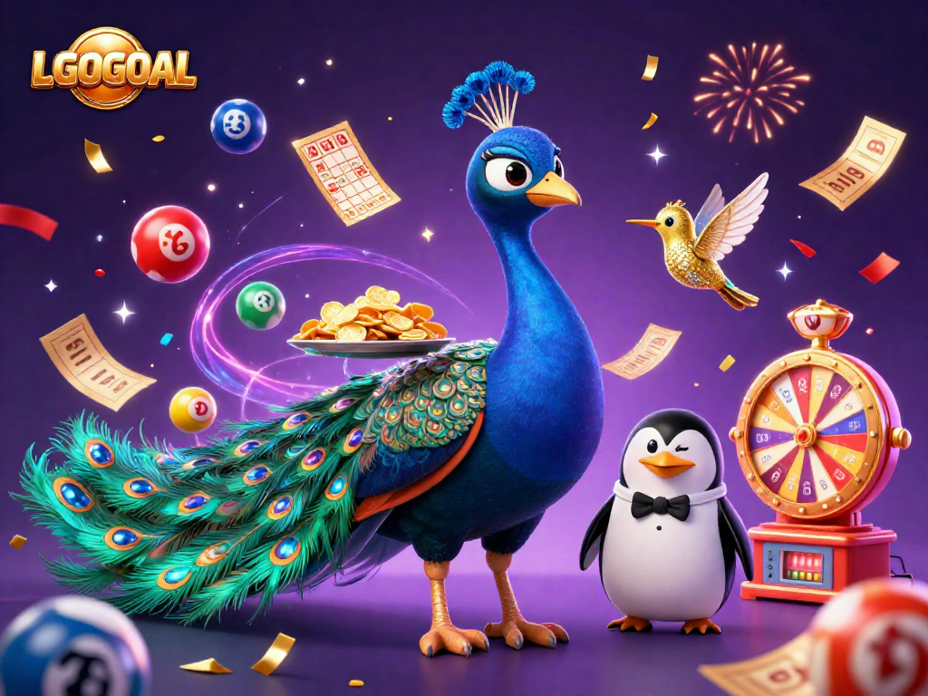 Experience LGOGOAL's vibrant gaming with a peacock, penguin, and hummingbird in a dynamic casino scene.