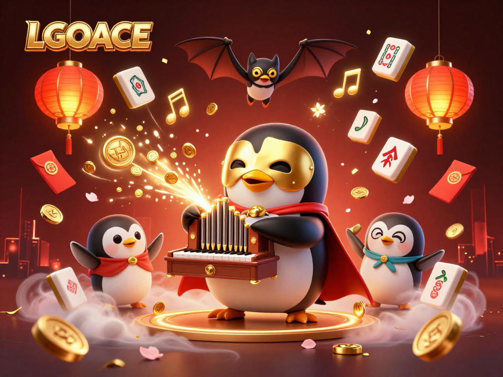 LGOACE showcases an engaging scene with a phantom opera penguin playing the organ amidst golden coins, vibrant elements, and festive decor.
