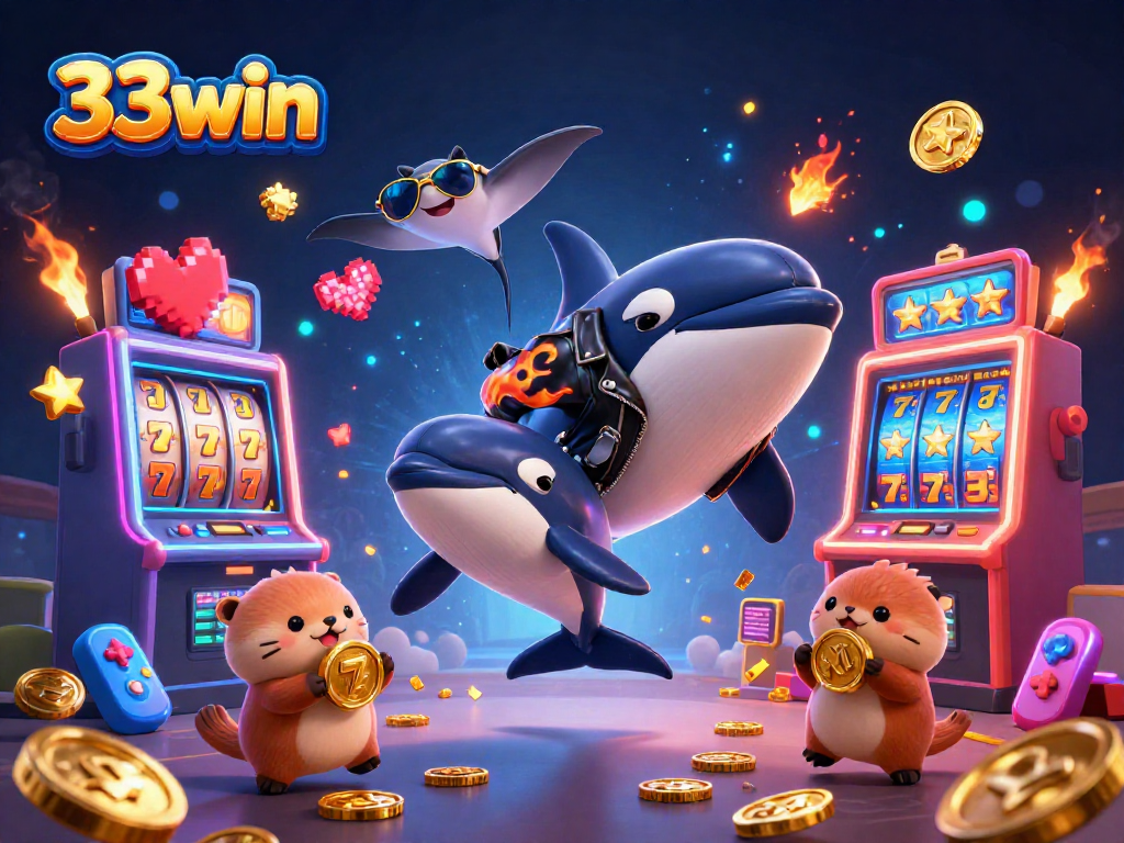 Engage with 33win's exciting casino world featuring a vibrant scene of characters enjoying golden moments with slot machines.