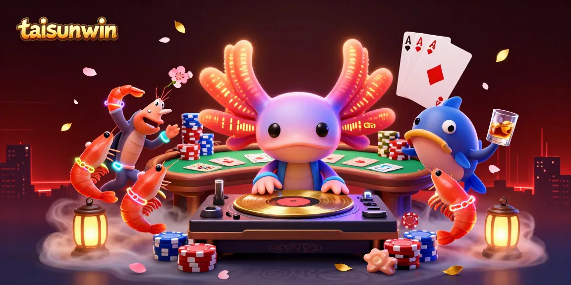 Experience the thrill of taisunwin with a vibrant casino scene featuring an axolotl DJ and poker elements.