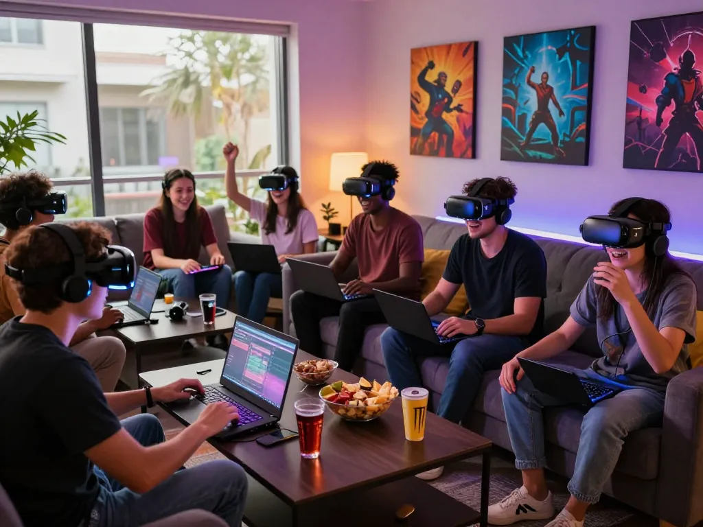 Group of friends enjoying online porn games in a vibrant gaming lounge atmosphere with laptops and VR headsets.