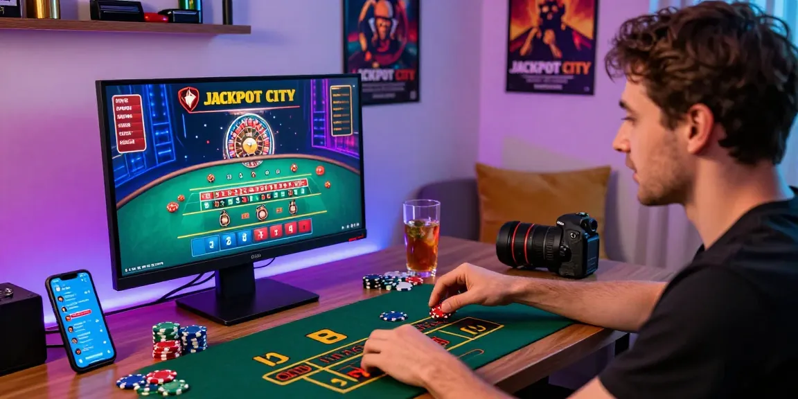 Exciting Jackpot City online gaming experience with player interacting with live dealer at stylish home setup.