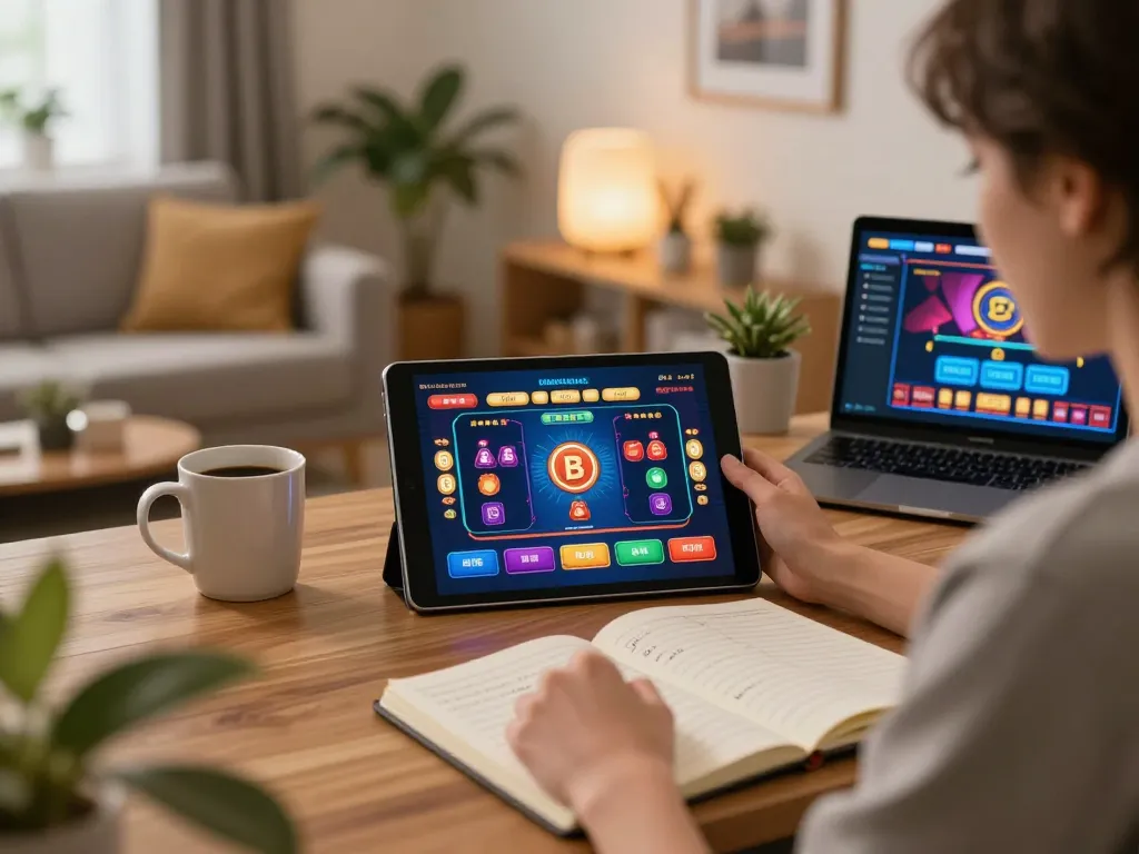 Engaging home gaming experience on tablet for uu 88 casino gameplay with strategy notes and warm atmosphere.