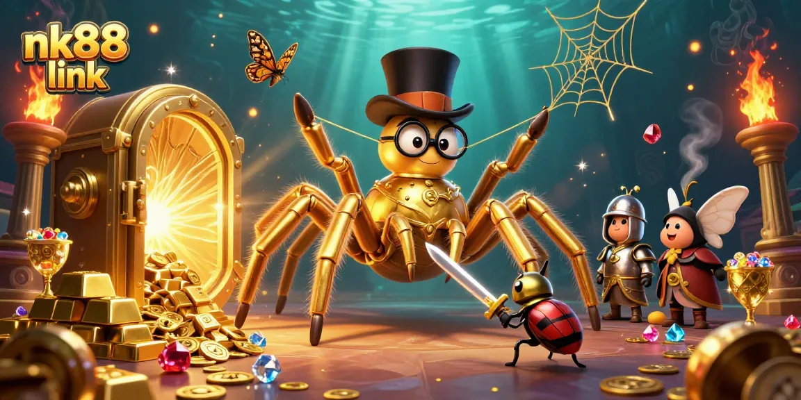 Engage with the thrilling nk88 link scene featuring a golden tarantula and beetle knight in a lavish casino.