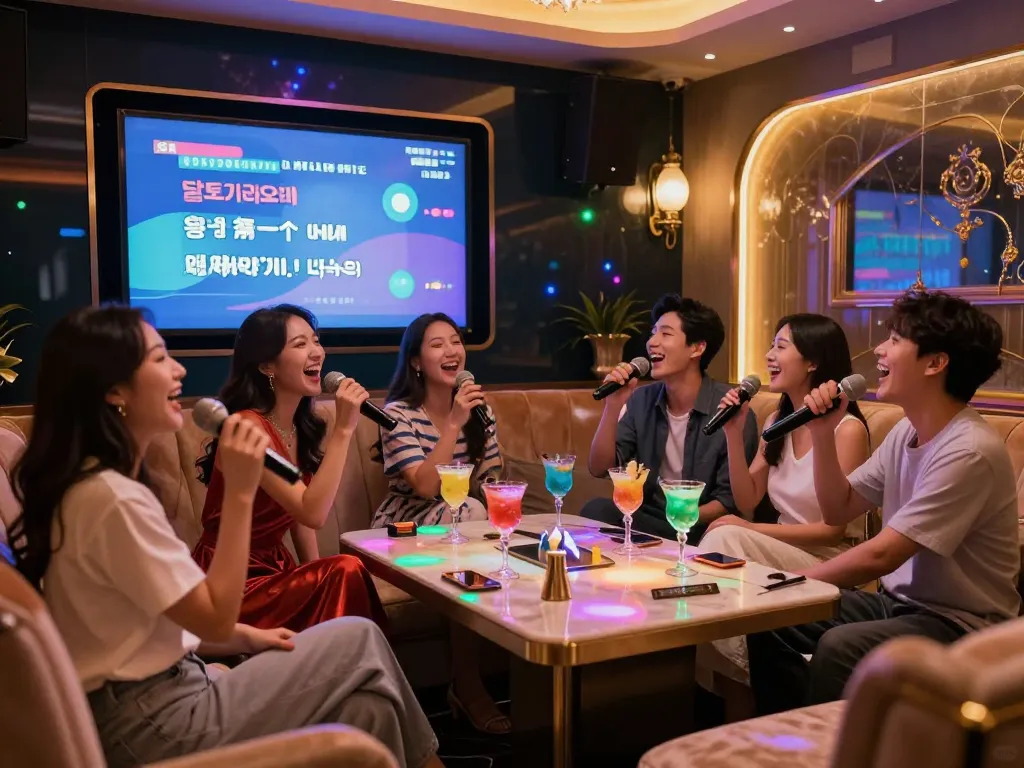 달토가라오케에서 즐겁게 노래하고 축하하는 친구들, 즐거운 분위기와 우아한 장식을 보여줍니다.
