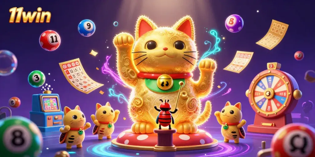 Experience vibrant winnings with 11win's lucky cat and colorful lottery elements in a dynamic casino scene.