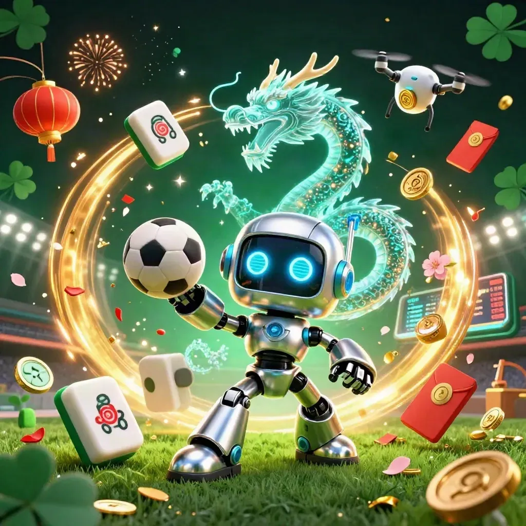 Cyberpunk robot, holographic dragon and coin drone amid sports balls, gold confetti and neon casino haze.