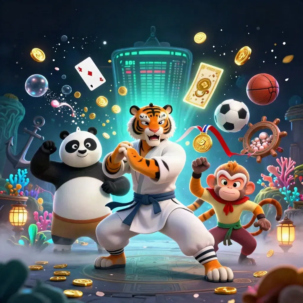 Kung-fu tiger, panda, and monkey amid treasure cove effects, gold coins, coral, cards, and neon casino light.