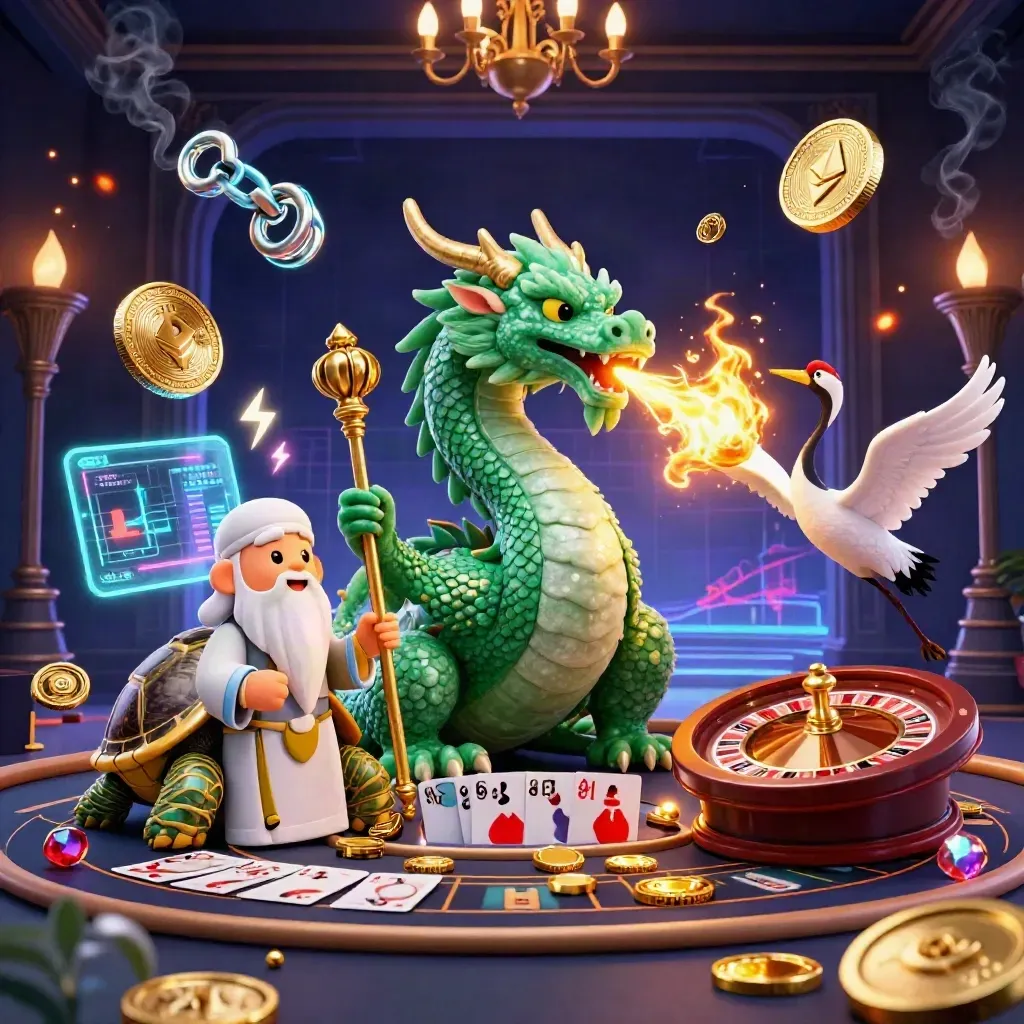 Emerald dragon, turtle sage, and cranes in a neon casino room with gold fire and glowing coins.