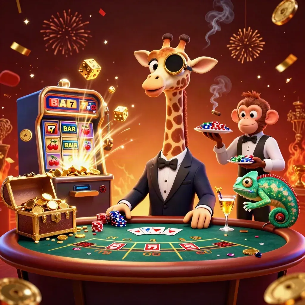 Giraffe high roller, monkey valet, and chameleon bartender amid casino magic and gold.