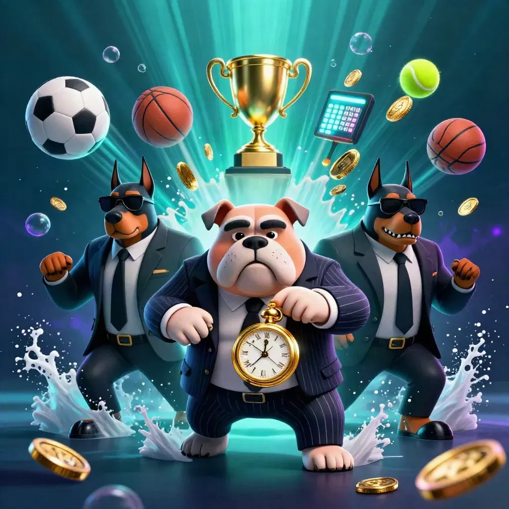 Bulldog boss with two Dobermans amid flying sports balls, gold trophy, and neon underwater glow