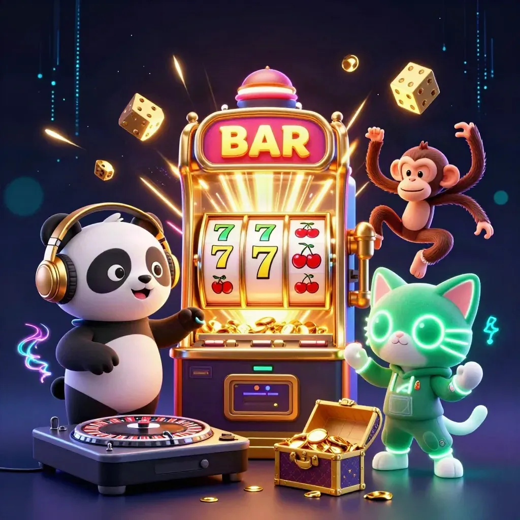 Panda DJ, breakdancing monkey, and glow-stick kitten amid exploding slot machine gold and neon effects.