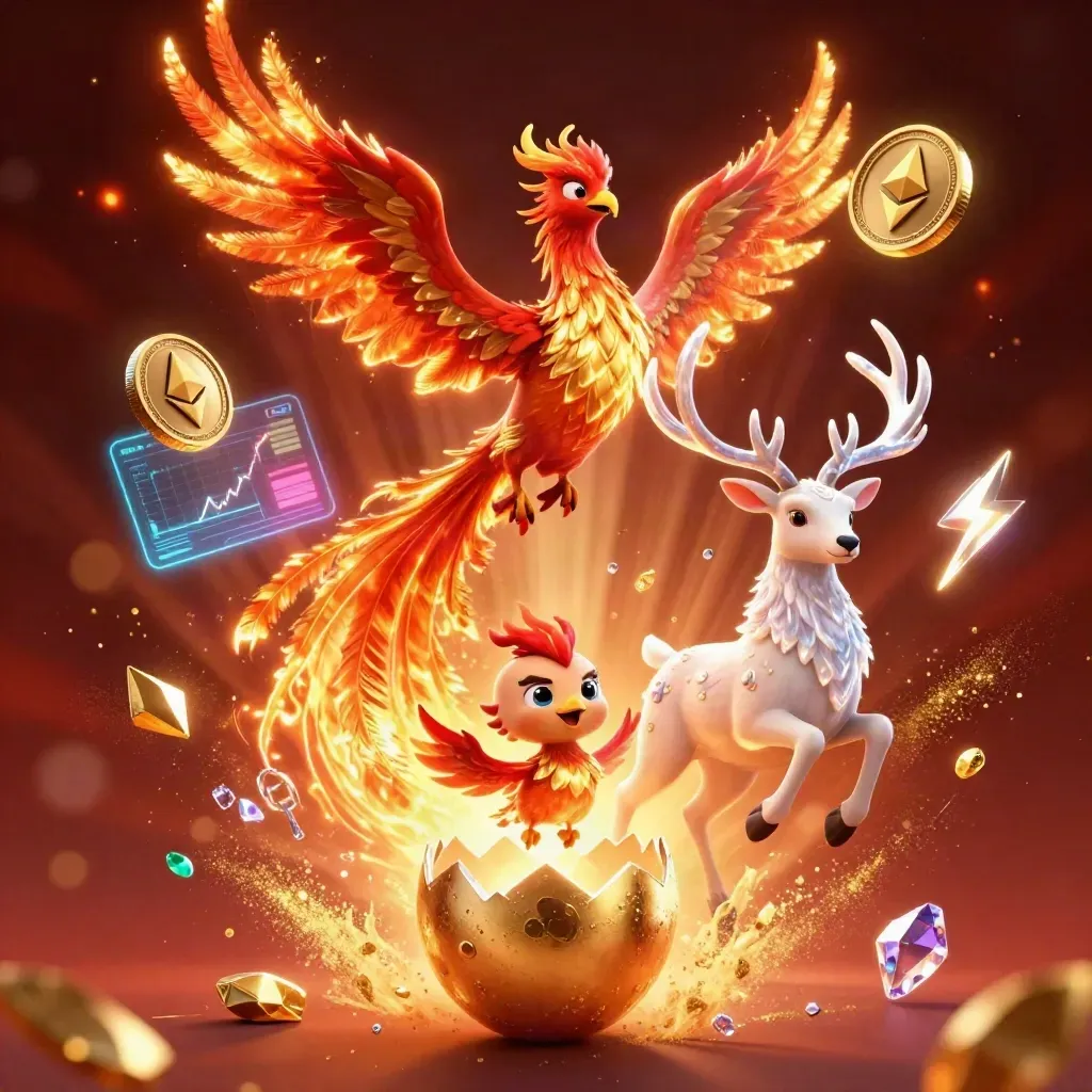 Fire phoenix, hatching baby phoenix, and crystal stag amid gold coins and glowing casino effects.