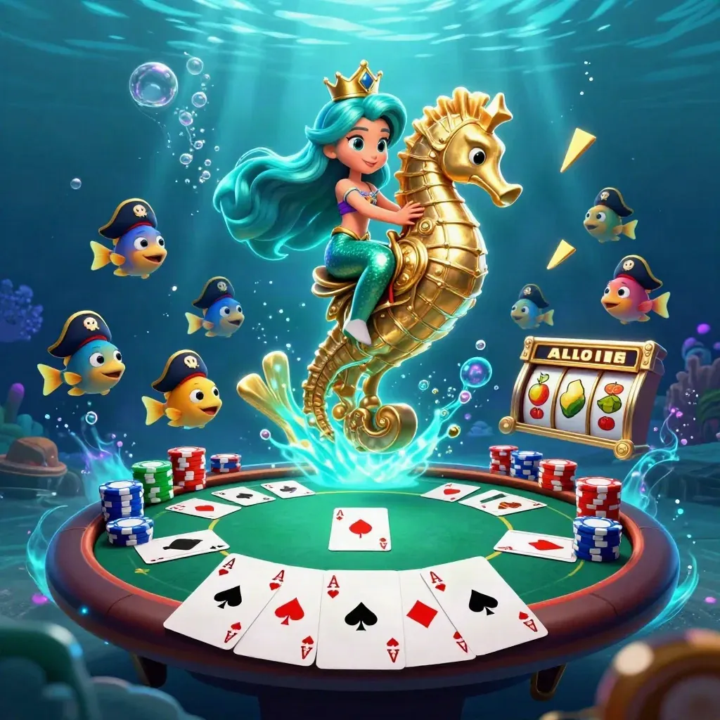 Mermaid princess on a golden seahorse with pirate fish, poker props, and glowing underwater casino effects.