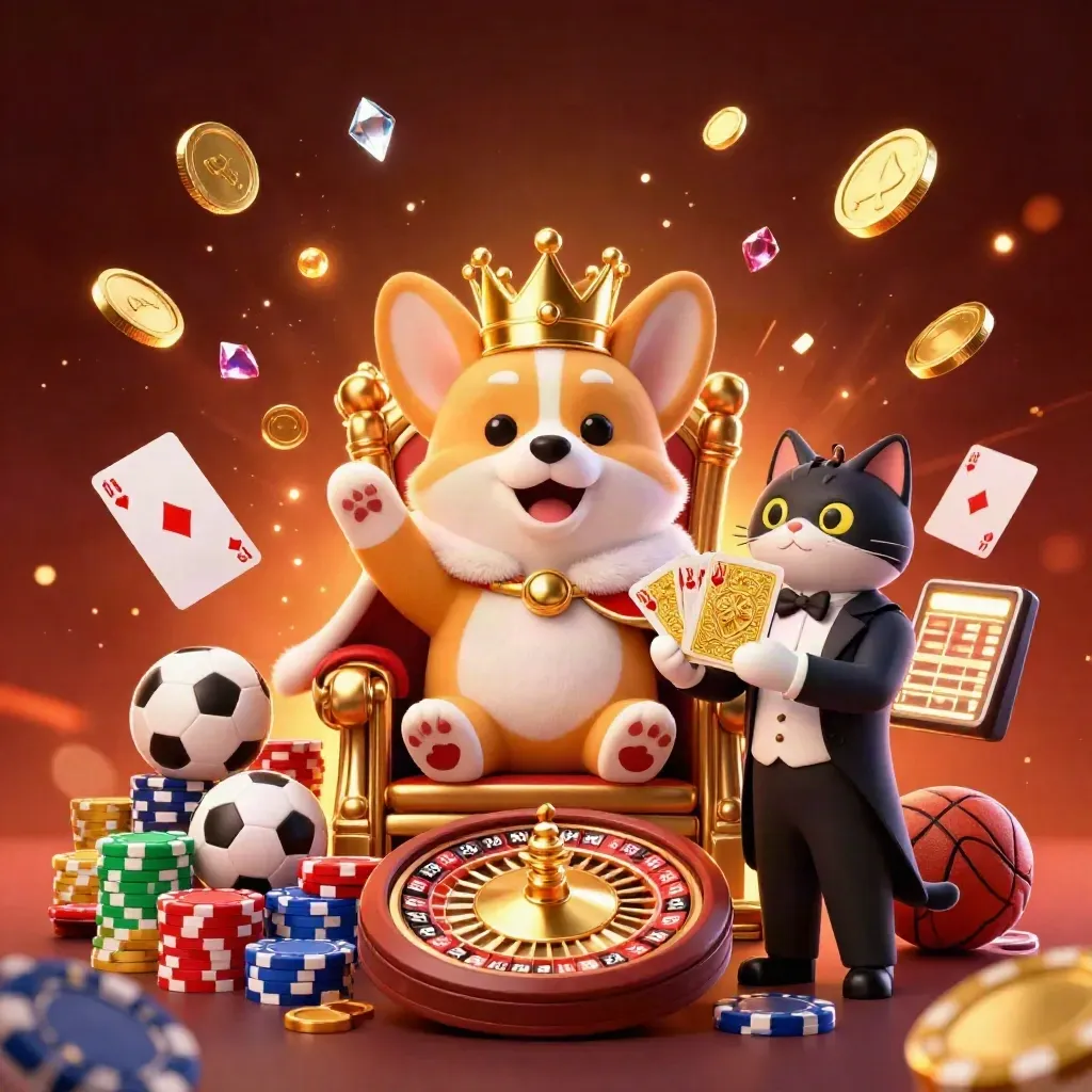 Royal corgi and cat butler amid coins, gems, roulette wheel, and fireworks in a luxury casino burst.