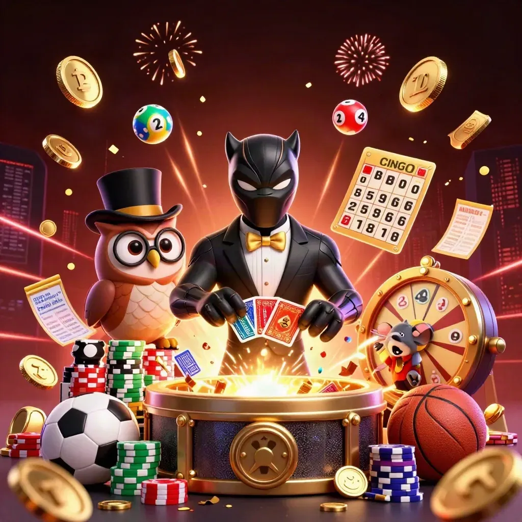 Panther, owl, and mouse amid exploding coins, fireworks, balls, chips, and casino props