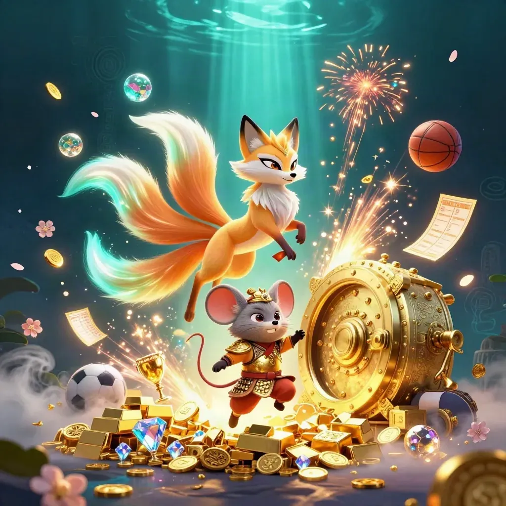 Fox spirit and armoured mouse burst from a gold vault amid coins, gems, fireworks, and sports props.