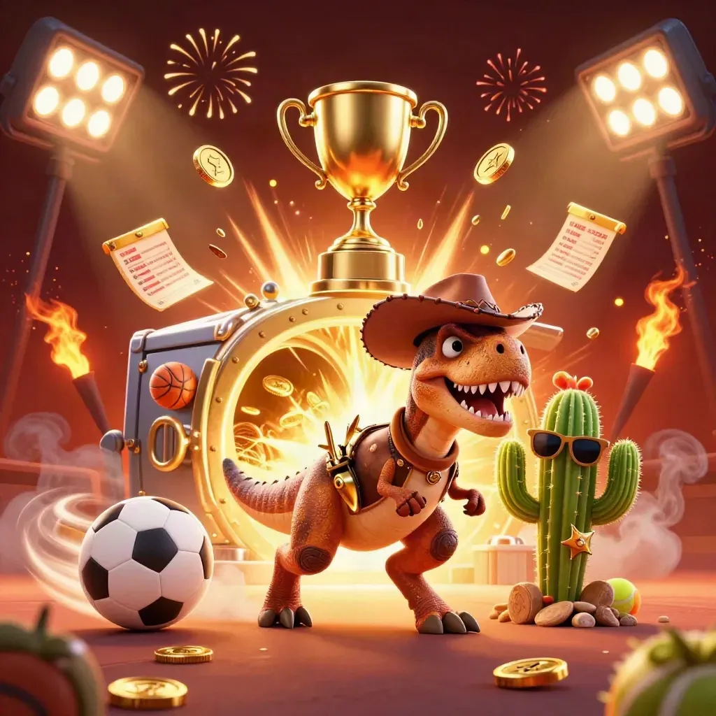 Cowboy T-Rex, cactus sidekick, and roadrunner amid coins, sports balls, trophy, and firelight.