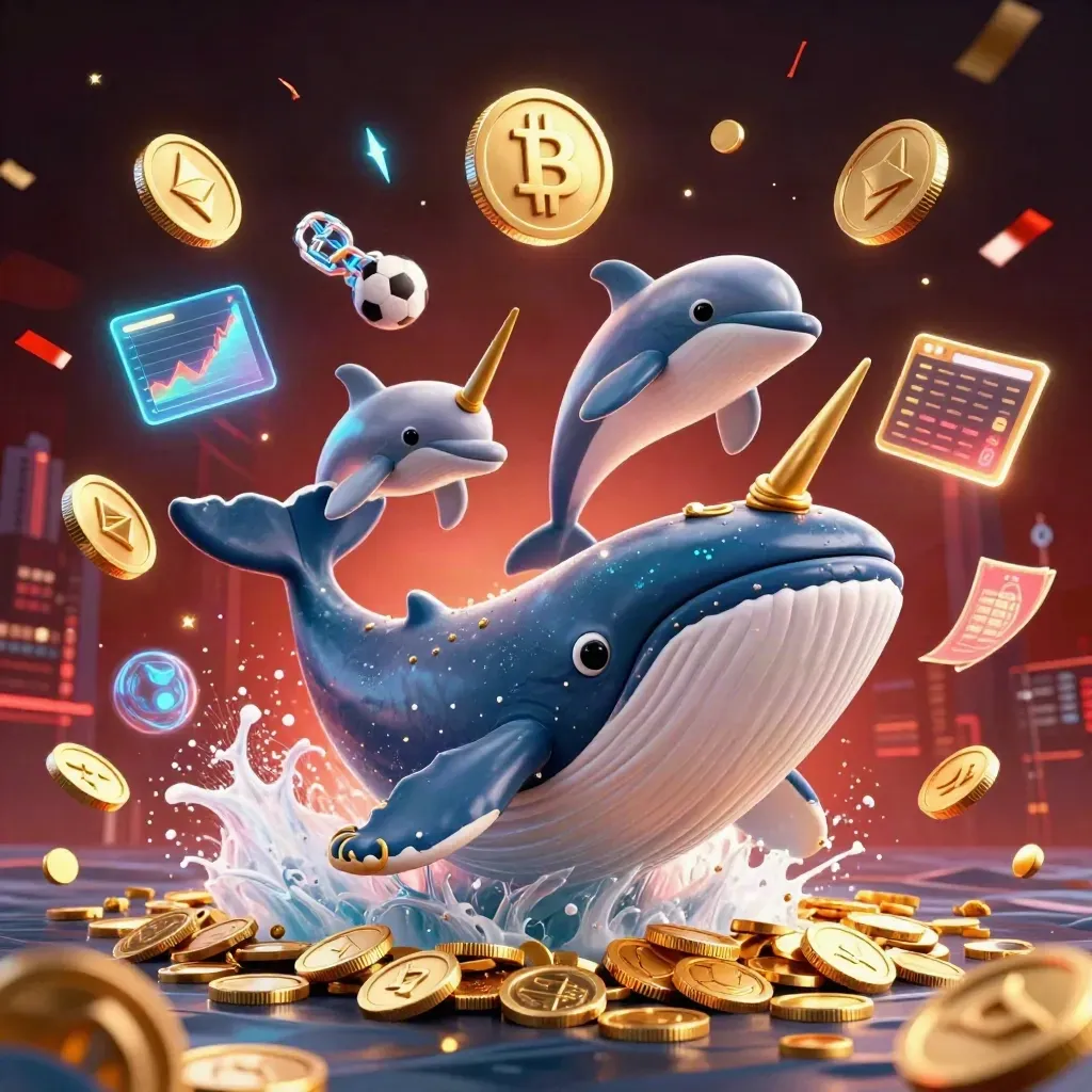 Captain whale, narwhal, and dolphins burst through coins amid neon betting symbols and fireworks.