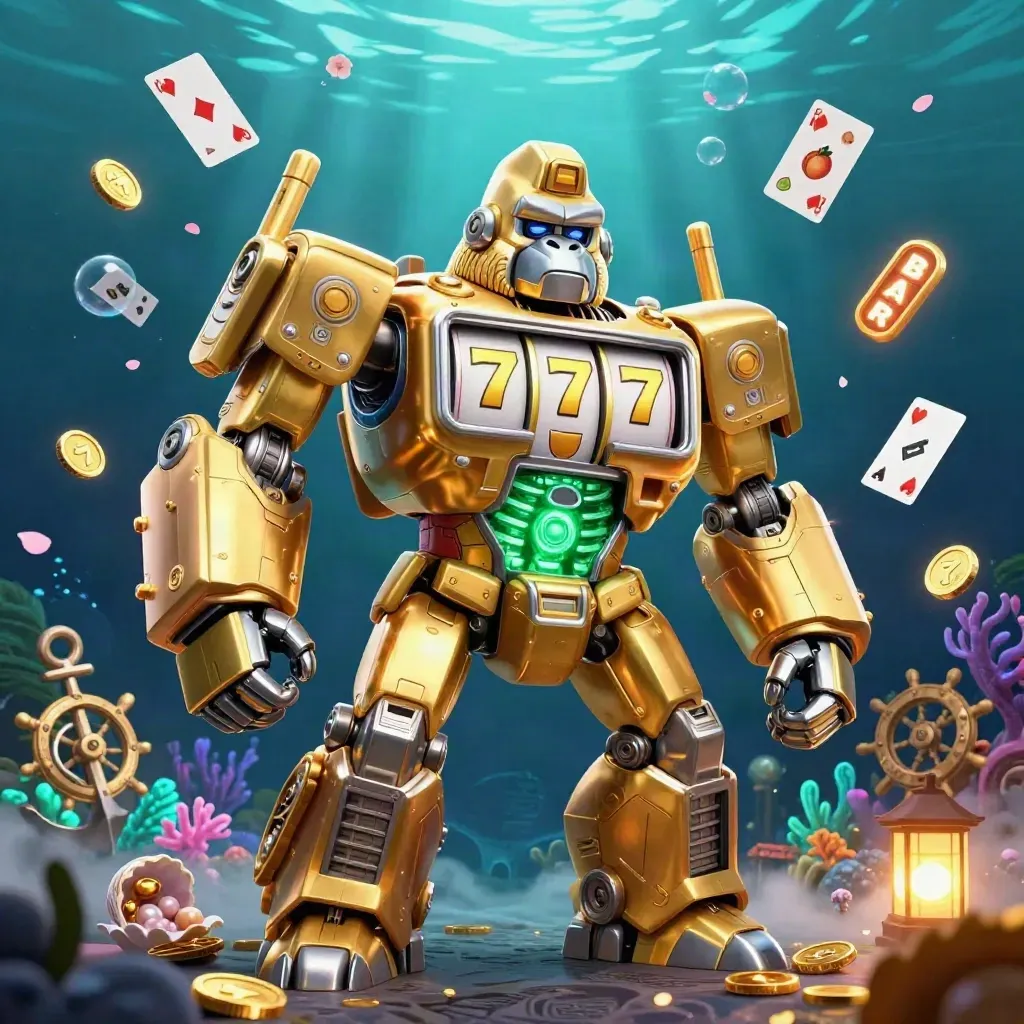 Golden gorilla slot mech in an underwater treasure cove with coins, coral, cards, and glowing reels.