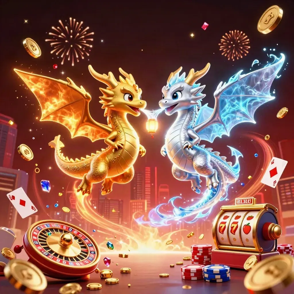 Gold and silver dragons twist through coins, chips, roulette and slots in a neon casino burst.