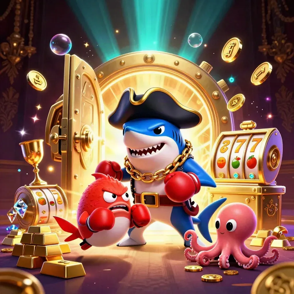 Pirate shark, boxing pufferfish, and coin-juggling octopus amid a gold vault and casino glow.