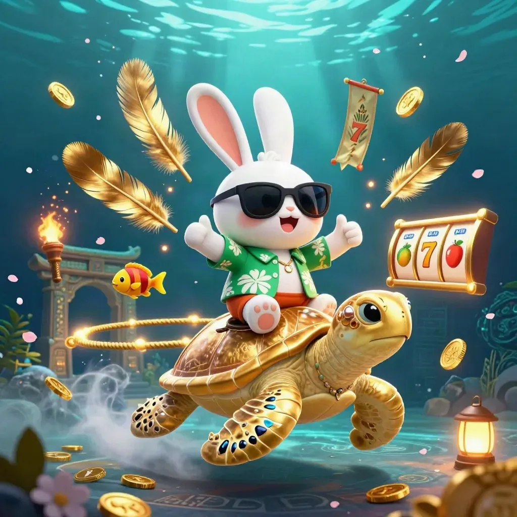 Cartoon rabbit rides a golden sea turtle amid casino relics, fish, and glowing underwater light.