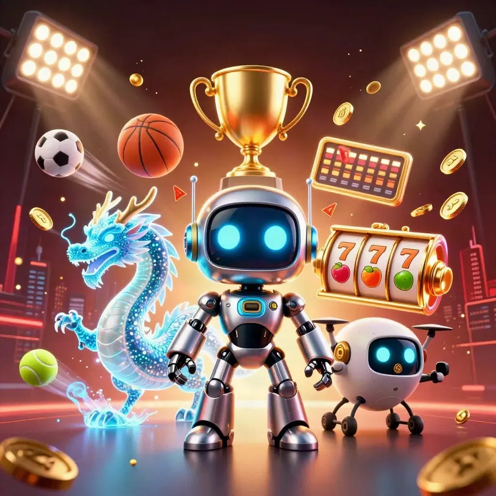 Cyberpunk robot, holographic dragon, and coin drone amid sports balls, trophies, coins, and neon casino glow