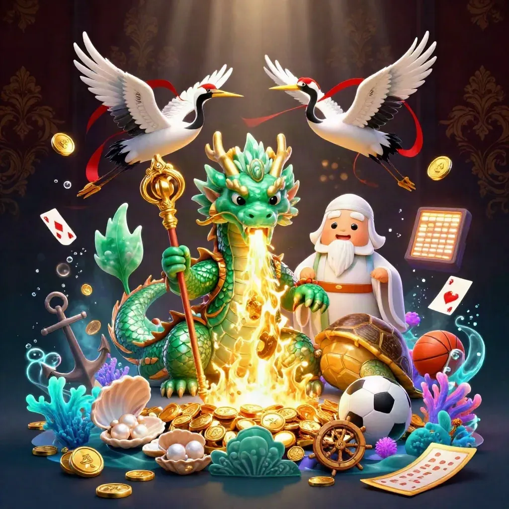 Emerald dragon, sage turtle, cranes, and casino treasure in a glowing underwater cove.
