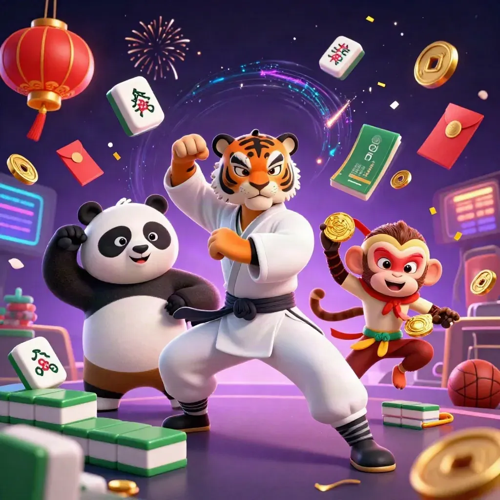 Tiger, panda, and monkey in a neon casino sports-betting fantasy with gold coins and effects.
