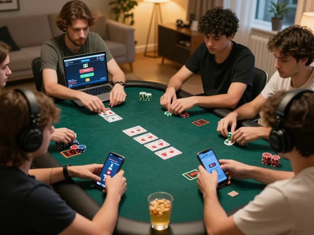 Players engaged in an online poker game at tr88 com, showcasing excitement and strategy in a competitive home setting.
