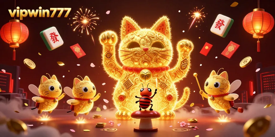 Experience thrilling gameplay at vipwin777 featuring vibrant casino symbols and a giant lucky cat.