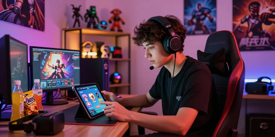 Engaged player enjoying free mobile porn games in a cozy gaming room with vibrant ambient lighting.