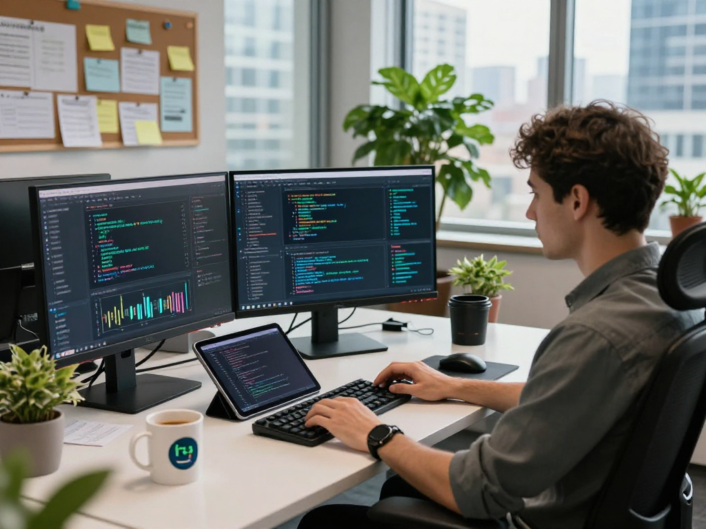 Developer using USDT0 blockchain analytics at a modern workstation