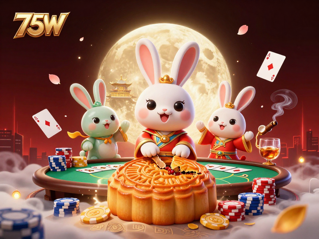 Aproveite a emoção da 75W com cartas de poker e fichas em uma ilustração 3D vibrante e mágica.