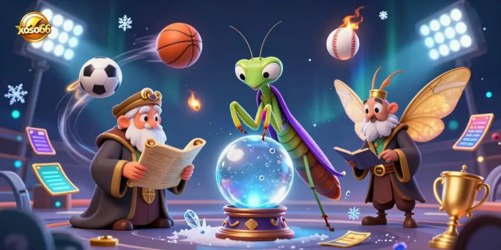 Experience the excitement of xoso66 as a cartoon praying mantis fortune teller and wise moth librarian reveal winning strategies.