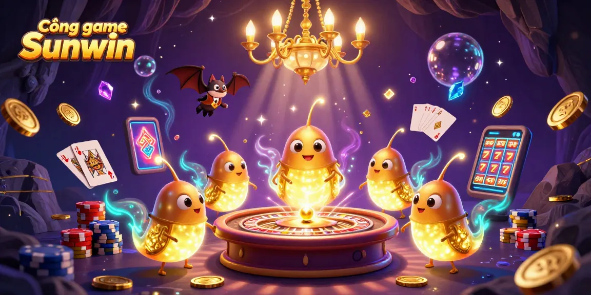 Cổng game Sunwin showcases a vibrant cave casino illuminated by glowworms, featuring dynamic casino elements