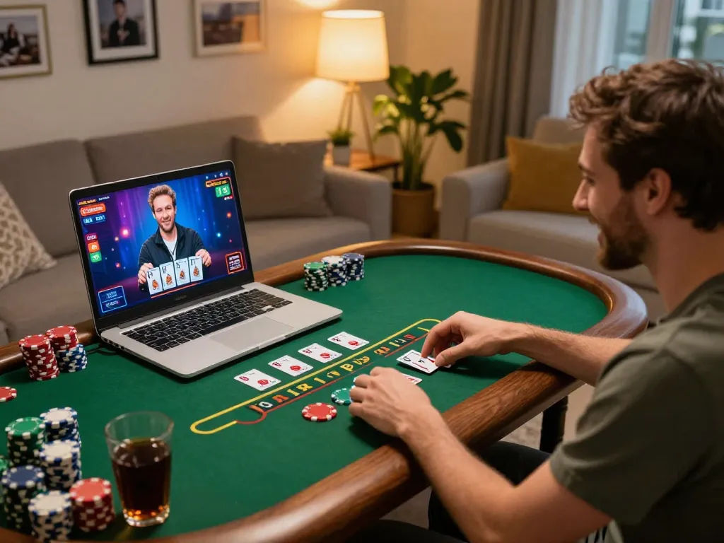 Player enjoying an exciting live dealer game on 79win in a cozy home setting, showcasing online casino experience.
