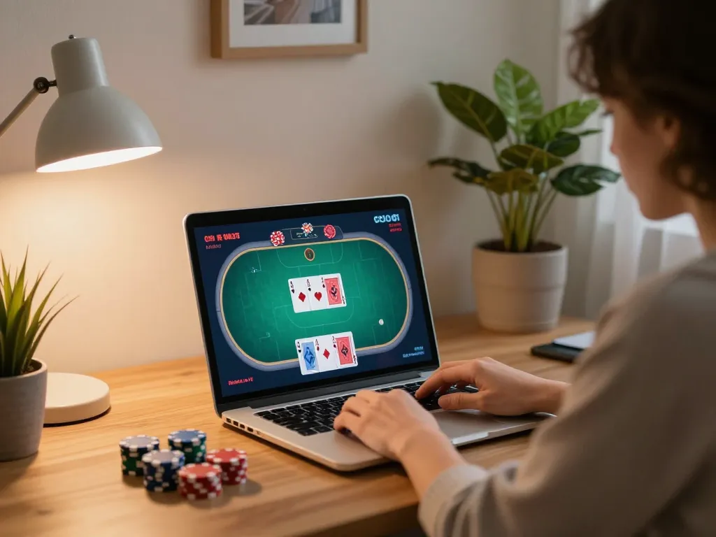 Engaged player using Nhà cái S8 online poker platform in stylish home office.
