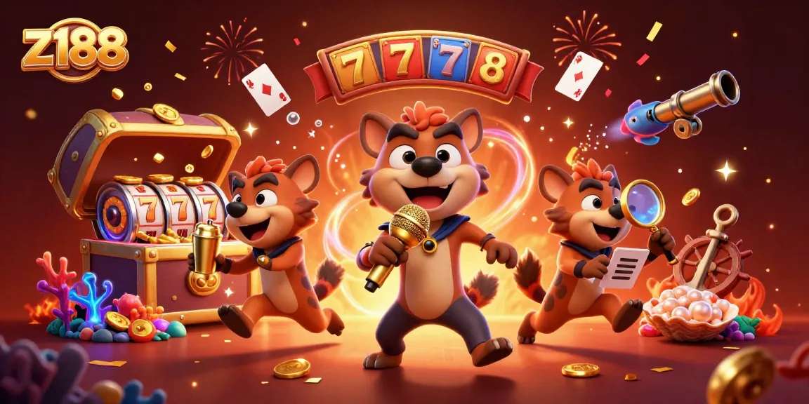 Experience z188 in a vibrant casino scene with hyenas, slot games, and sparkling elements.