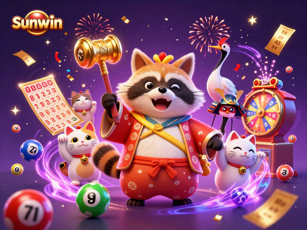 Join the excitement at sunwin with a tanuki, crane, and fortune cats celebrating with games.