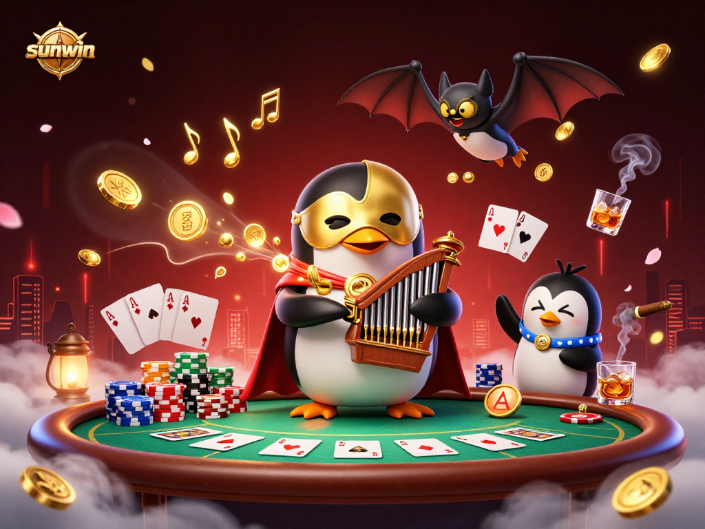 Experience the thrill of gaming at sunwin with an exciting casino scene featuring a penguin playing music.