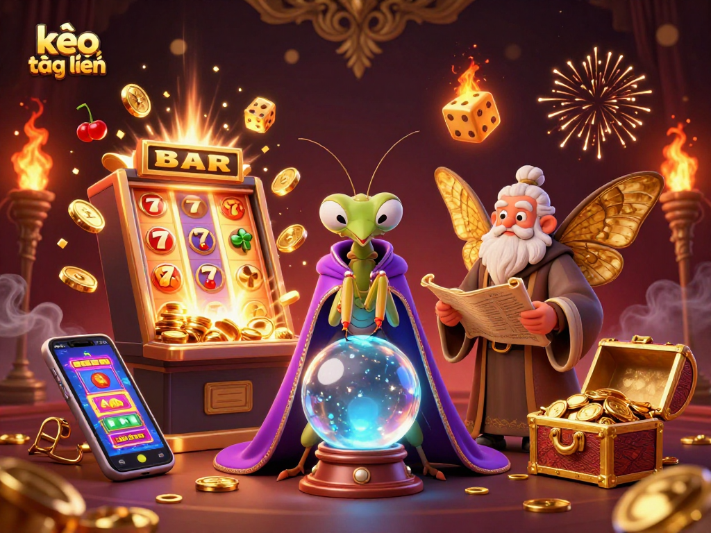 Experience kèo trực tuyến with a cartoon fortune teller and vibrant casino visuals.