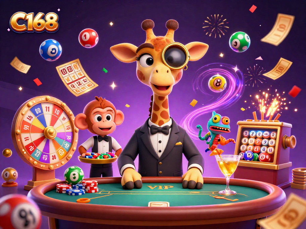 C168 engaging players with a high-roller giraffe, monkey valet, and chameleon bartender in a vibrant casino scene