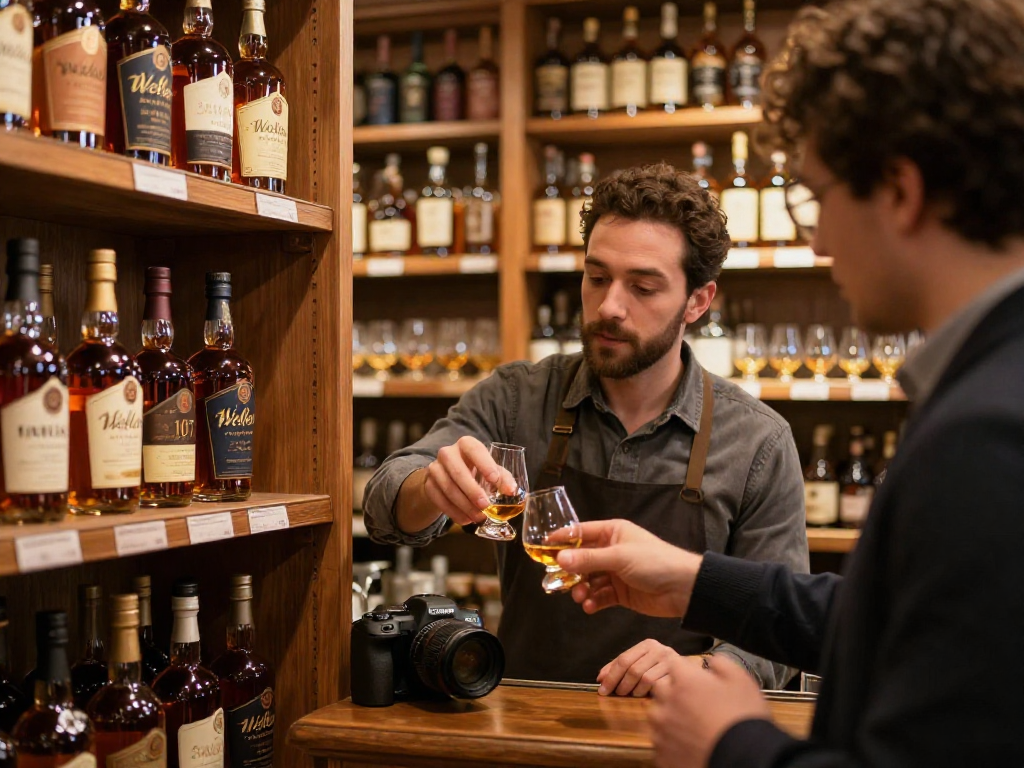 Weller Antique 107 bourbon displayed in a welcoming liquor store, with staff offering tasting insights.