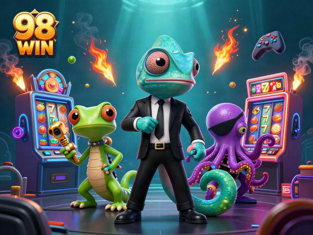 Spin to win with 98 WIN in an exciting 3D casino adventure featuring slots and colorful characters.