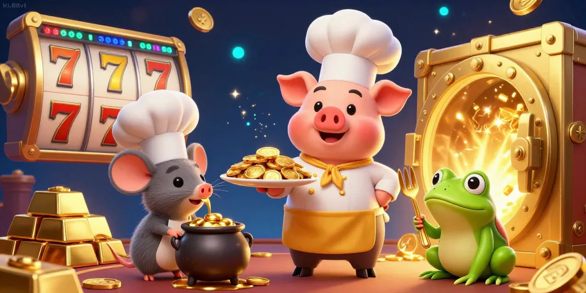 Win big at ku88vt with a vibrant casino scene featuring a cartoon chef and gold treasures.