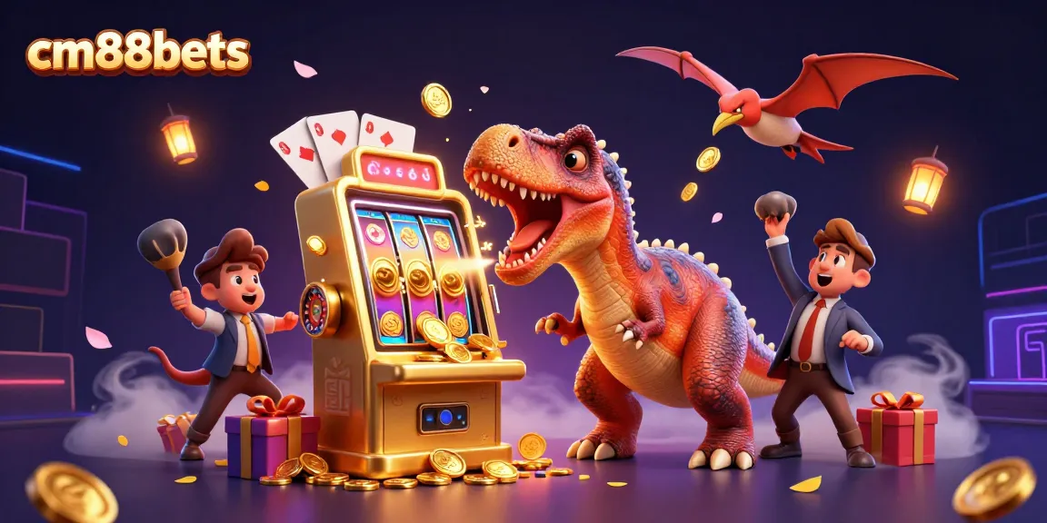 cm88bets features a cartoon dinosaur winning jackpots at a vibrant online casino