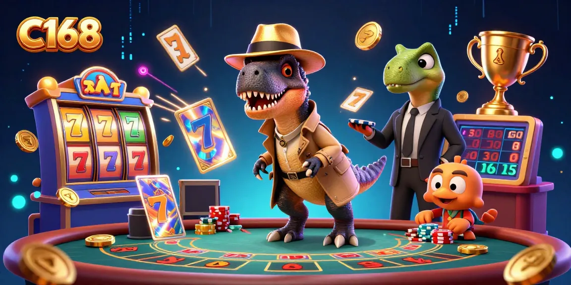 C168 gaming experience with a velociraptor card counter, stegosaurus pit boss, and a compy pickpocket at a jackpot table.