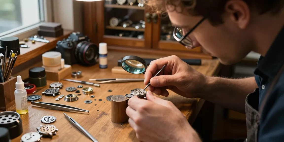 Artisan assembling 3135 movement parts in a warm watchmaker's workshop.